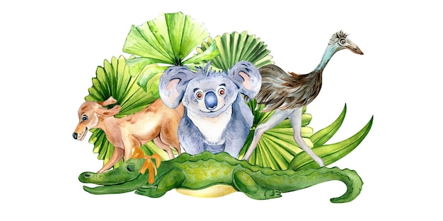 Composición de dibujos animados animales acuarela ilustración aislado en blanco