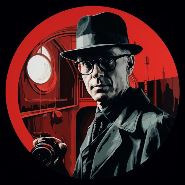 Foto composición de dibujos animados inspirada en el cine noir hombre con sombrero y gafas en círculo rojo