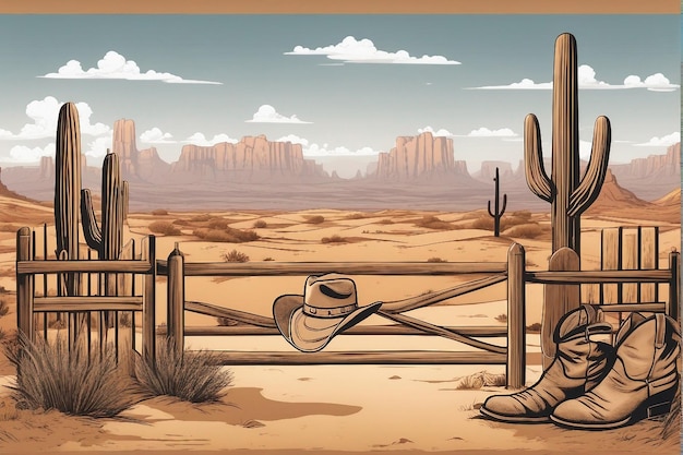 composición de dibujos animados del oeste salvaje con paisaje al aire libre del desierto con botas de vaquero y sombrero