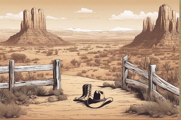 composición de dibujos animados del oeste salvaje con paisaje al aire libre del desierto con botas de vaquero y sombrero