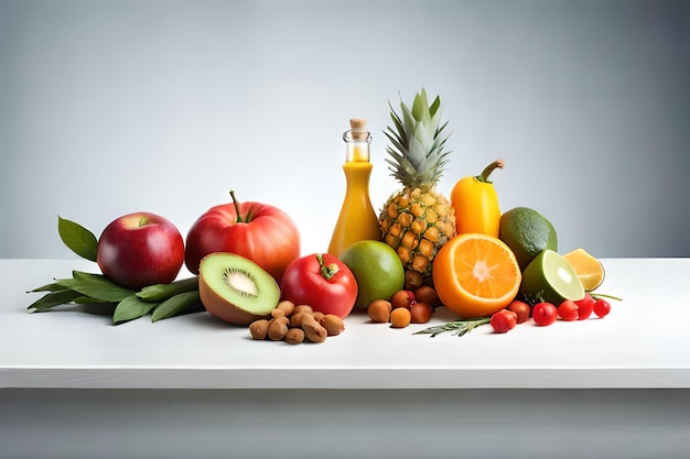 Composición de diferentes frutas y verduras sobre fondo blanco.