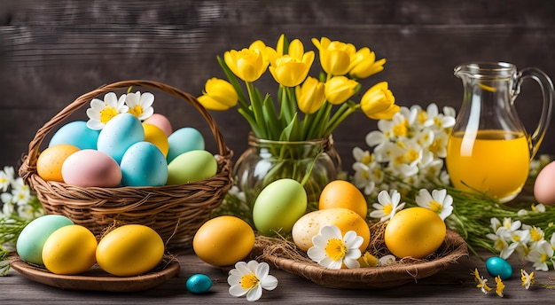 Una composición con diferentes tulipanes, huevos de Pascua y jugo sobre una madera.