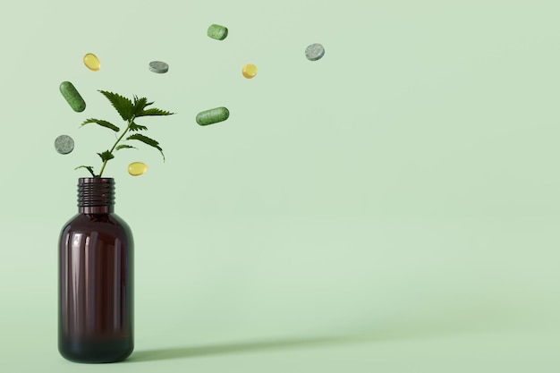 Una composición dinámica con pastillas de hierbas y una planta que brota de una botella que ilustra la esencia natural de los remedios homeopáticos Copiar espacio para el texto Medicina alternativa renderización 3D