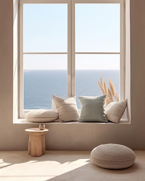 Composición de diseño interior mediterráneo con almohadas Concepto minimalista