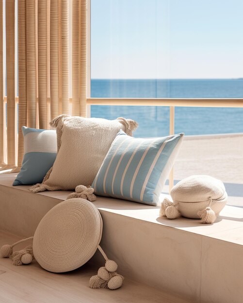 Composición de diseño interior mediterráneo con almohadas Concepto minimalista