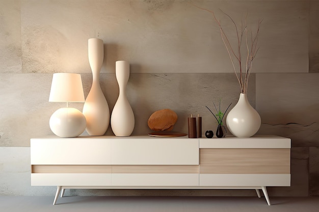 Composición de diseño de interiores con un aparador moderno con una lámpara y jarrones AI generativa