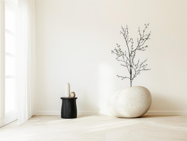 Composición de diseño de interiores minimalistas con toques zen y colores neutrales Interiores orientales de lujo con espacio de copia