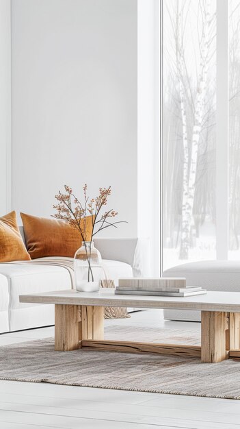 Composición de diseño de interiores de sala de estar con una mesa de café moderna un sofá y una gran ventana