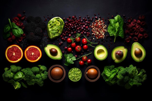 Una composición diversa de alimentos nutritivos presentados elegantemente en una disposición equilibrada.