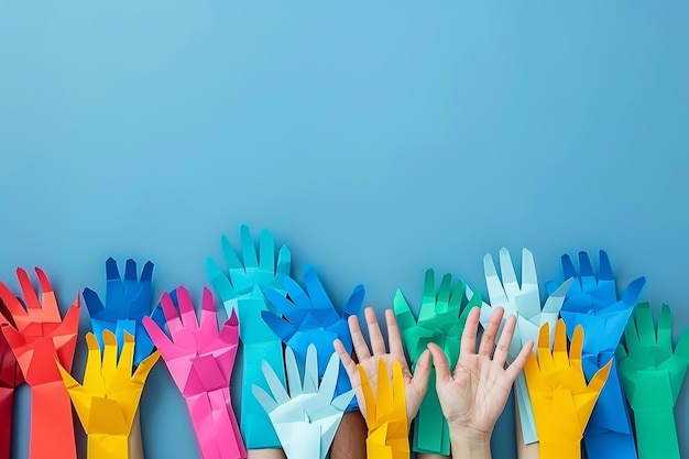 Composición de diversidad de diferentes manos de papel de colores con corazón arco iris