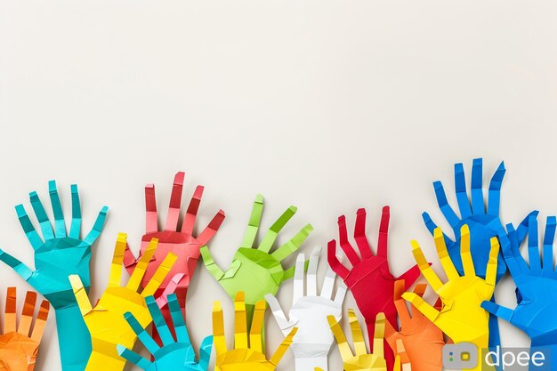 Composición de diversidad de diferentes manos de papel de colores con corazón arco iris