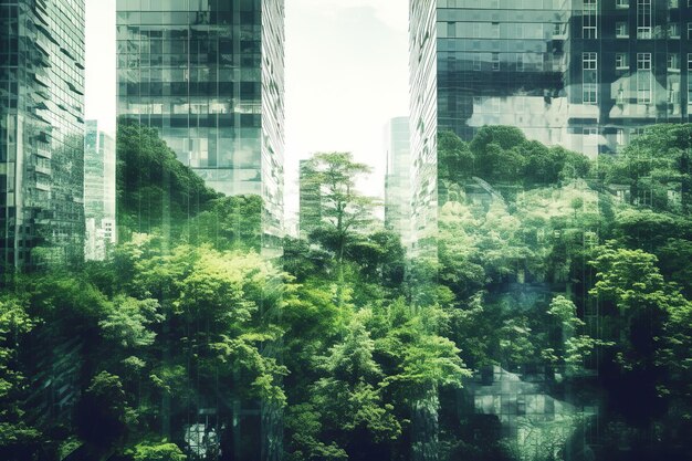 Composición de doble exposición de la ciudad verde con edificios de gran altura y árboles y plantas verdes Cuidado del medio ambiente Protección de la naturaleza o concepto ecológico AI Contenido generativo