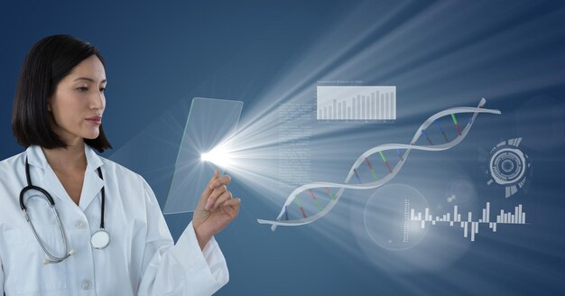 Composición de doctora sosteniendo una pantalla interactiva con procesamiento de datos médicos y adn