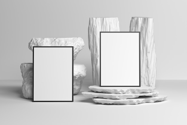 Composición con dos marcos de fotos verticales en una habitación con rocas decorativas y placas de piedra