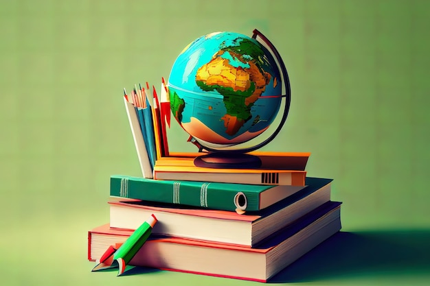 Composición educativa con un globo, una pila de libros y útiles escolares sobre un fondo verde