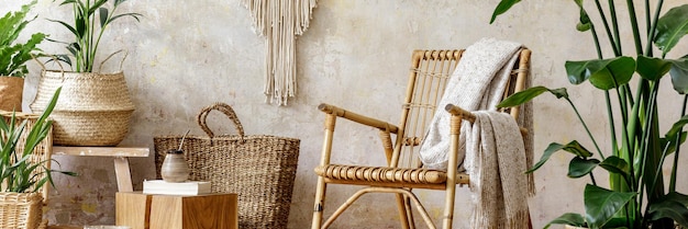 Composición elegante y floral del interior de la sala de estar con sillón de mimbre, muchas plantas tropicales en macetas de diseño, decoración, macramé y elegantes accesorios personales en una acogedora decoración casera.