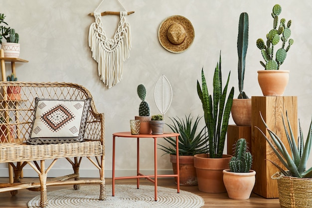 Composición elegante del interior de la acogedora sala de estar con espacio de copia, muchas plantas y cactus, cubos de madera, sofá y accesorios. Pared beige, alfombra en el suelo. Las plantas aman el concepto. Plantilla.