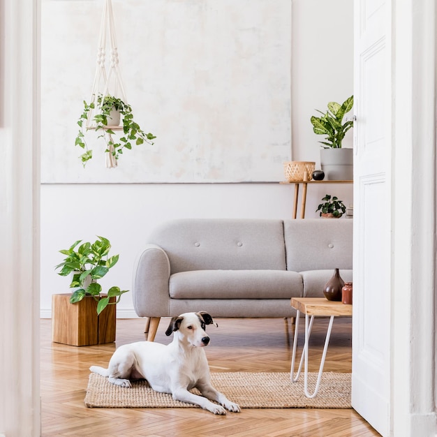 Composición elegante del interior del apartamento espacioso creativo con sofá gris, mesa de café, plantas, alfombras y hermosos accesorios. Paredes blancas y suelo de parquet.