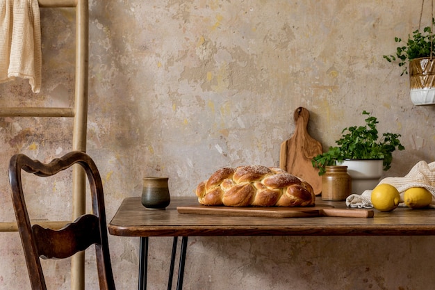 Composición elegante del interior de la cocina con mesa familiar, verduras, tetera, postre, alimentos, plantas y accesorios de cocina en el concepto wabi sabi de la decoración del hogar.