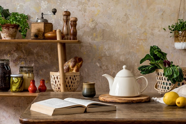 Composición elegante del interior de la cocina con mesa familiar, verduras, tetera, postre, alimentos, plantas y accesorios de cocina en el concepto wabi sabi de la decoración del hogar.