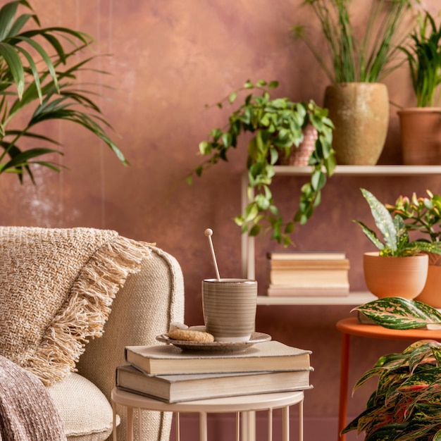 Composición elegante del interior creativo y espacioso de la sala de estar con plantas, sofá beige, mesa de centro y accesorios elegantes Espacio botánico de una habitación acogedora Paredes marrones Plantillas