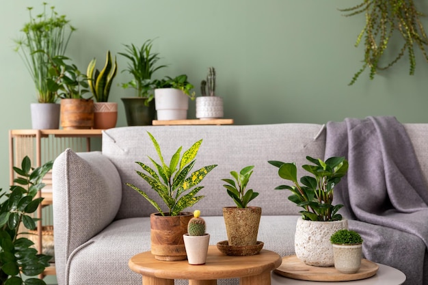 Foto la composición elegante del interior del jardín de la casa llenó muchas plantas hermosas cactus suculentas