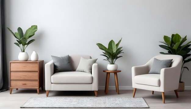 Composición elegante del interior moderno de la sala de estar con sillón de fruto sofá plantas cómode de madera si