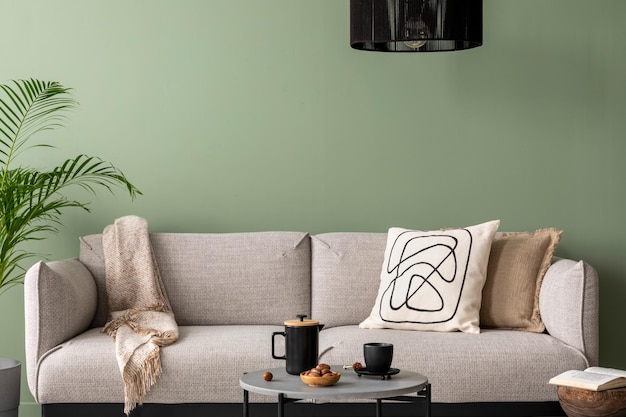 La composición elegante en el interior de la sala de estar con diseño de pared verde, sofá gris, mesa de centro, lámpara oscura y accesorios personales elegantes, almohada beige y cuadros escoceses, apartamento acogedor Plantilla xD