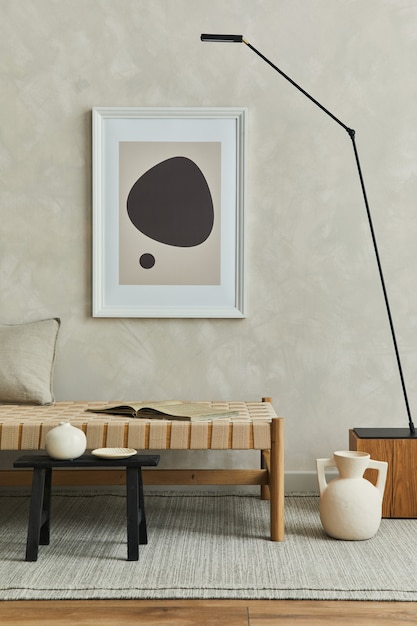Composición elegante del interior de la sala de estar con marco de póster simulado y plantilla de accesorios