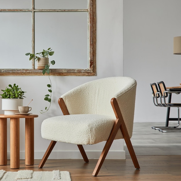 Composición elegante del interior de la sala de estar moderna con sillón frotte, mesa auxiliar de madera con cómoda y elegantes accesorios para el hogar.