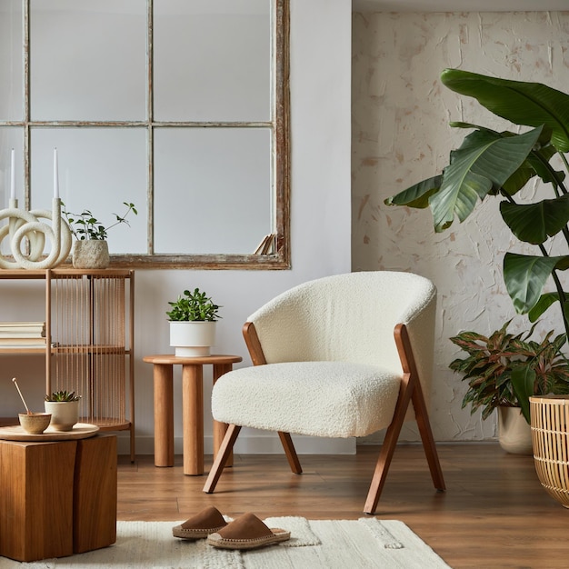 Composición elegante del interior de la sala de estar moderna con sillón frotte sofá plantas mesa auxiliar de madera y elegantes accesorios para el hogar Espacio de copia de plantilla de puesta en escena del hogar