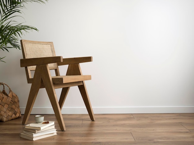 La composición elegante en el interior de la sala de estar con sillas de mimbre en el espacio para copiar y elegantes accesorios personales Pared blanca Apartamento acogedor Plantilla de póster simulado