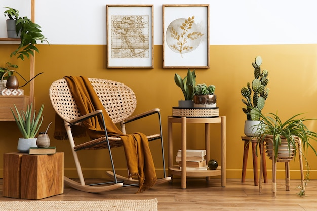 Composición elegante del interior de la sala de estar con sillón de ratán de diseño, dos marcos de póster, plantas, cubo, accesorios personales y palid en la decoración del hogar de color amarillo miel.