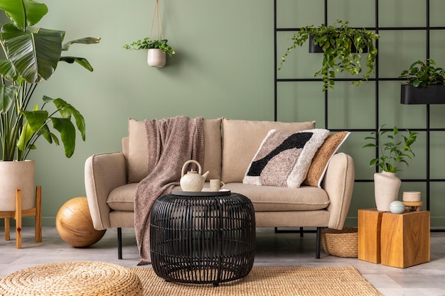 La composición elegante en el interior de la sala de estar con sofá beige de diseño, mesa de centro negra, plantas y elegantes accesorios personales, almohada marrón y cuadros, apartamento acogedor, decoración del hogarxDxD