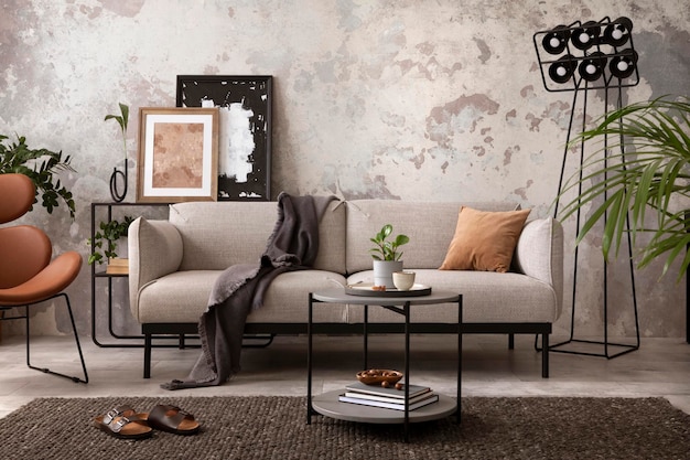 La composición elegante en el interior de la sala de estar con sofá gris de diseño mesa de centro de madera sillón marrón y elegantes accesorios personales Loft e interior industrial Decoración del hogar Modelo xA