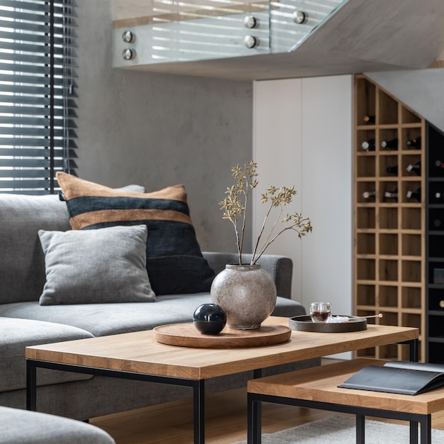 Composición elegante del interior de la sala de estar con sofá gris en la esquina sillón de terciopelo verde mesa de centro muebles de diseño de piso de madera y accesorios personales minimalistas Decoración casera moderna Plantillas