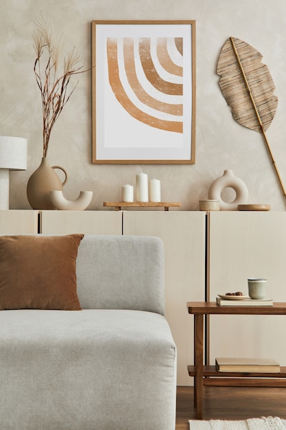 Composición elegante de la sala de estar con marco de póster simulado, sofá gris, muebles de madera y accesorios personales. Colores neutros pastel. Plantilla.