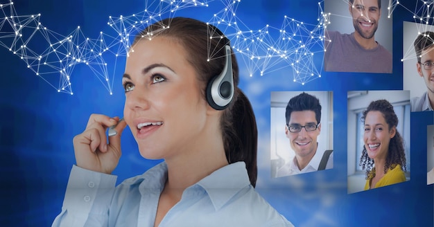 Composición de empresaria sonriente vistiendo auriculares telefónicos con red de fotografías de personas