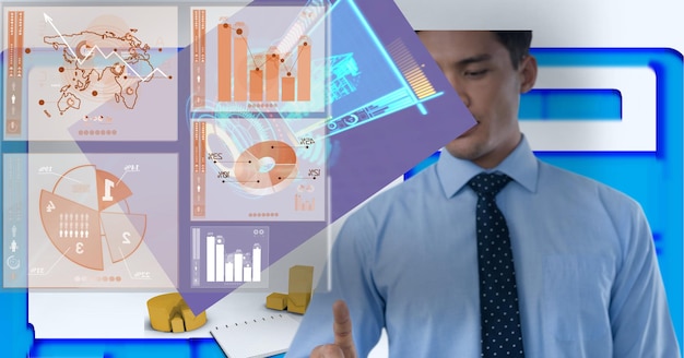 Foto composición del empresario tocando la pantalla interactiva con datos digitales