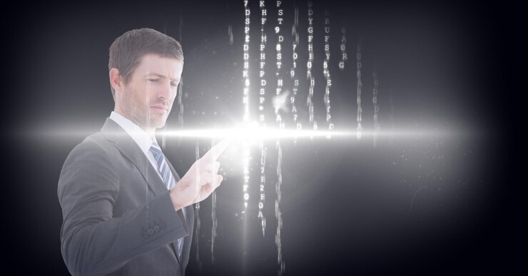 Foto composición del empresario tocando la pantalla virtual con luz brillante y cambio de letras