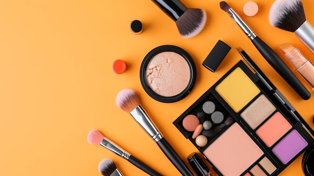 Una composición de equipo de maquillaje profesional sobre un fondo naranja