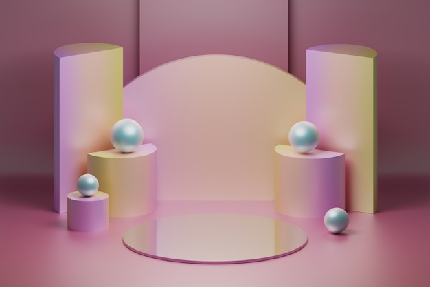 Composición con escenario de presentación de producto espejo reflectante en colores rosa suave