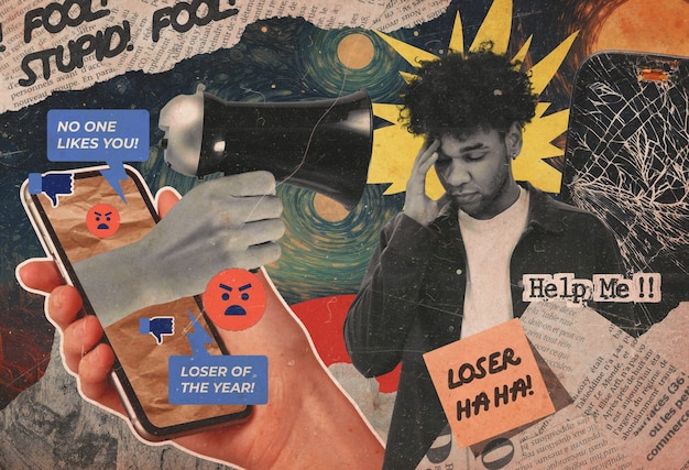 Composición en estilo collage con una persona adulta siendo intimidada