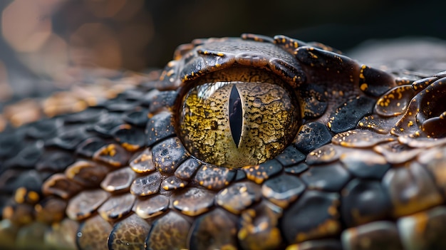 Composición estrechamente recortada de un ojo de serpiente con detalles intrincados