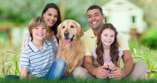 Composición de familia sentada al aire libre en casa