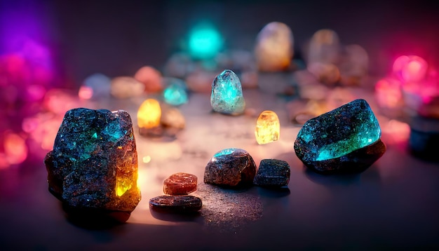 Composición de fantasía con piedras naturales y luz de neón.