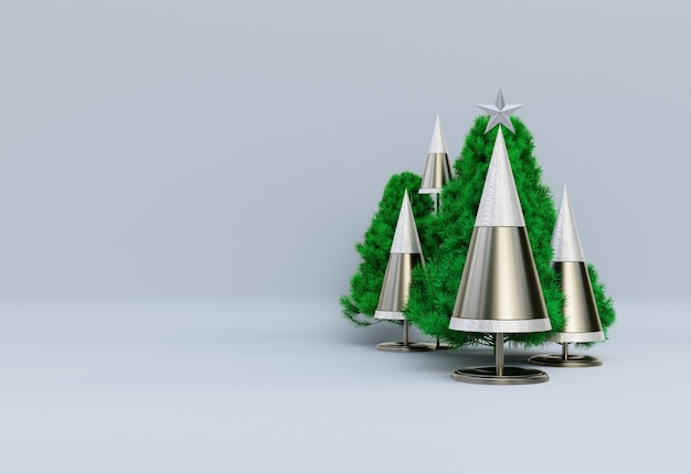 Composición de feliz Navidad con bolas de oro y ramas de pino Vista frontal. Maqueta de marco de año nuevo con espacio de copia Representación 3D