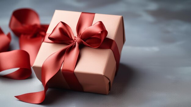 Composición festiva de caja de regalo envuelta con papel artesanal y cinta roja rosas rojas y pétalos en una mesa de madera concepto de Día de San Valentín Profundidad de campo superficial con enfoque en la caja de regalos Espacio de copia