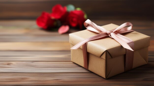 Composición festiva de caja de regalo envuelta con papel artesanal y cinta roja rosas rojas y pétalos en un