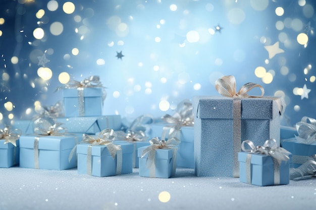 Composición festiva centrada en regalos envueltos y adornos navideños sobre una superficie azul claro